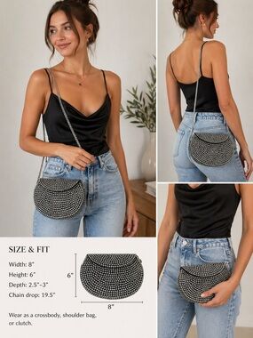Ramla Rockstar Studded Clutch Crossbody Silver Black Evening Statement Bag